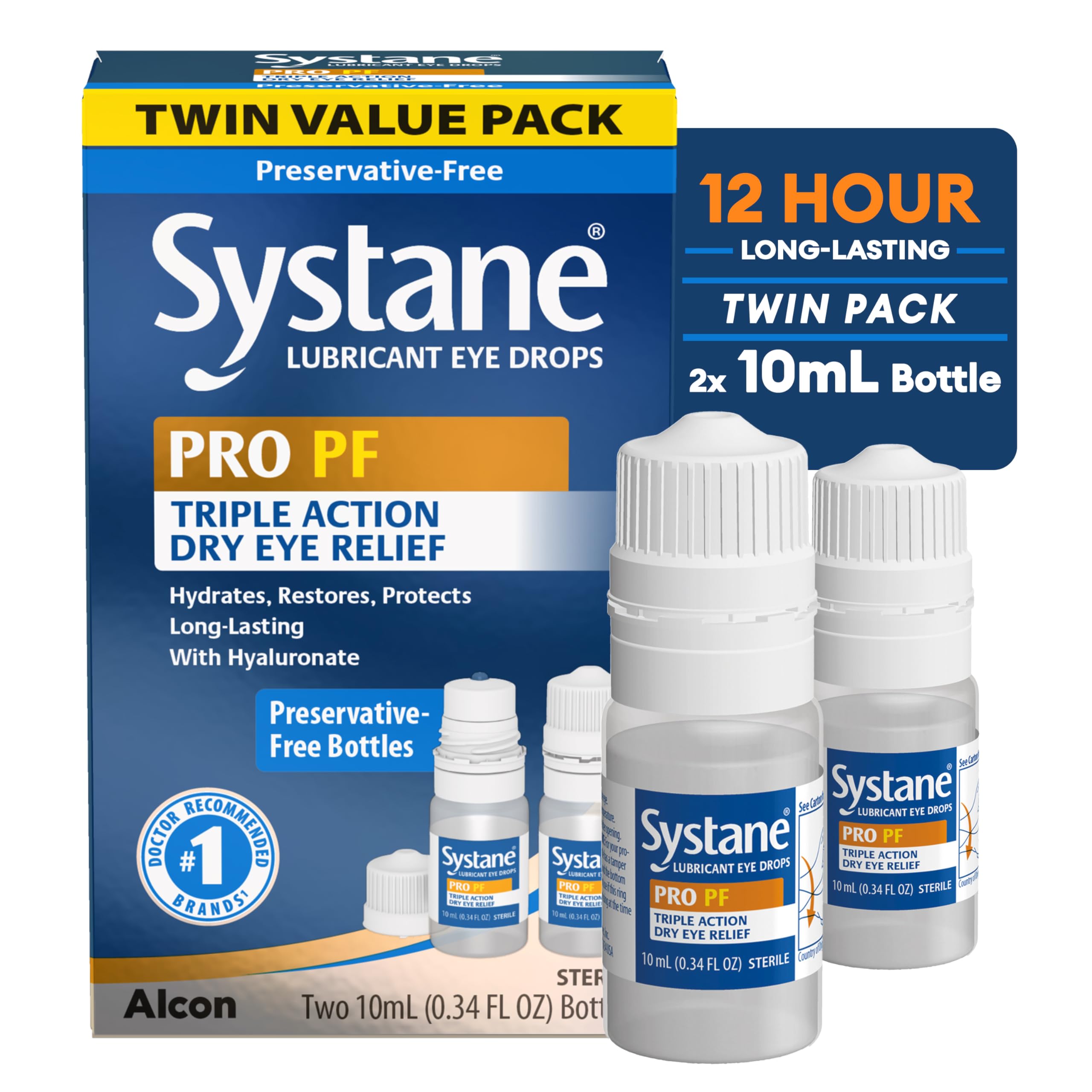 Systane PRO PF bottle front shows compact on-the-go packaging for dry-eye relief