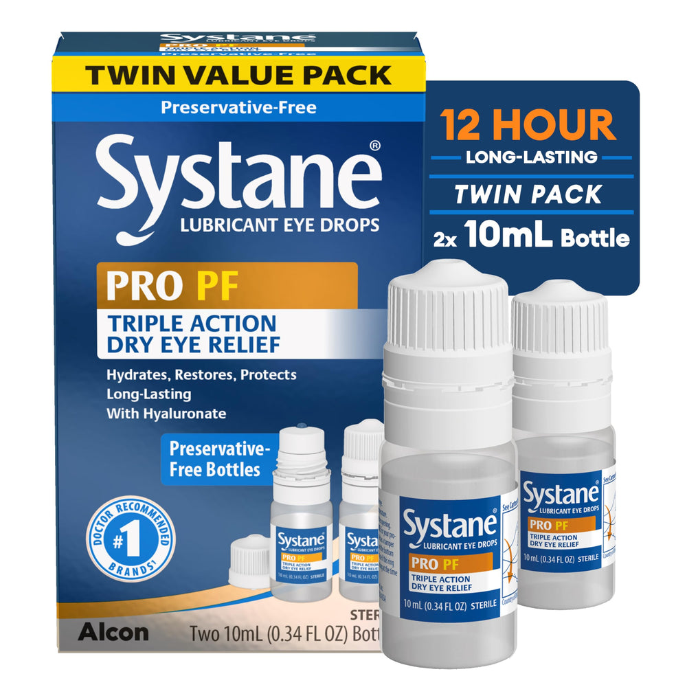 Systane PRO PF bottle front shows compact on-the-go packaging for dry-eye relief
