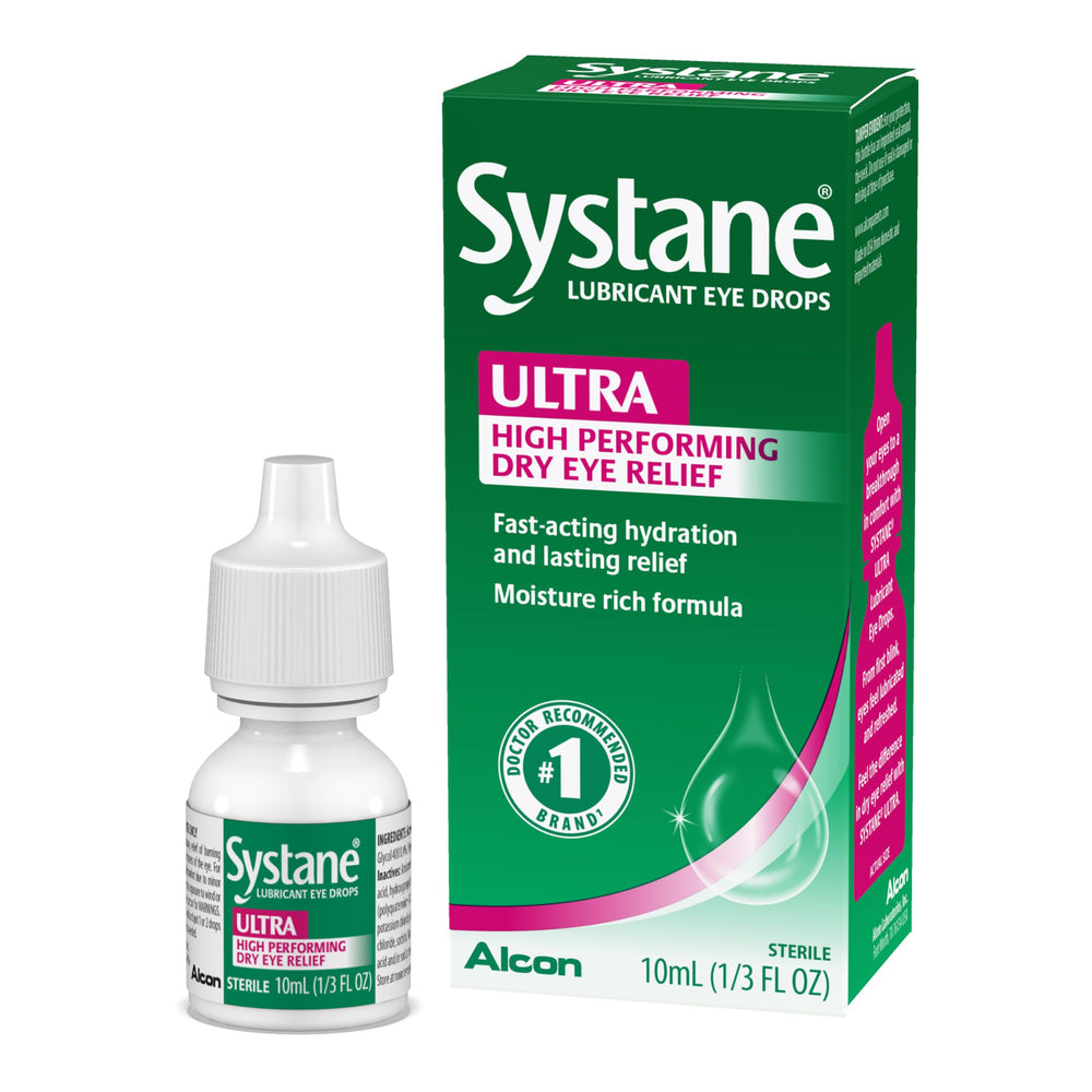 Systane Ultra eye drops bottle provides all-day moisture for dry eye relief.