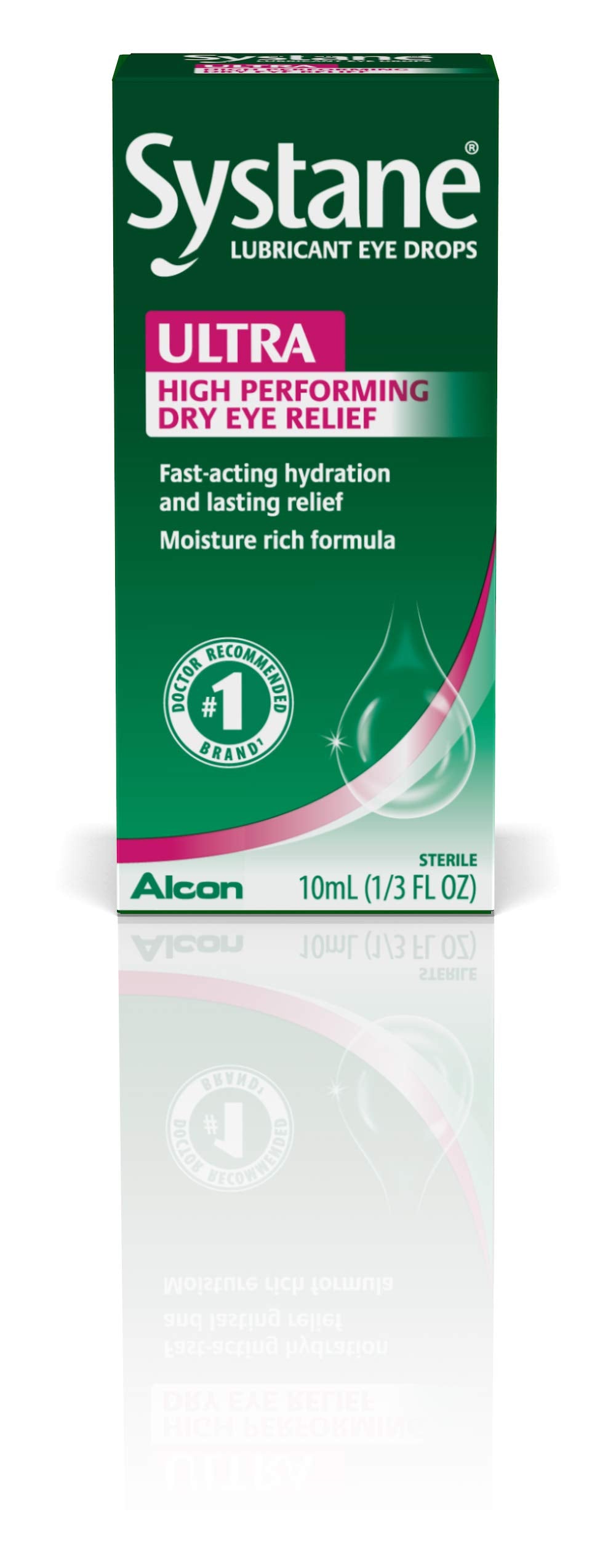 Systane Ultra eye drops drop-application shows quick relief for irritated eyes.