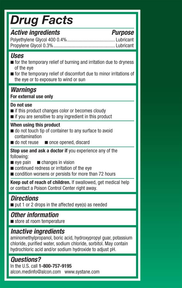 Systane Ultra eye drops label close-up with usage guidance.