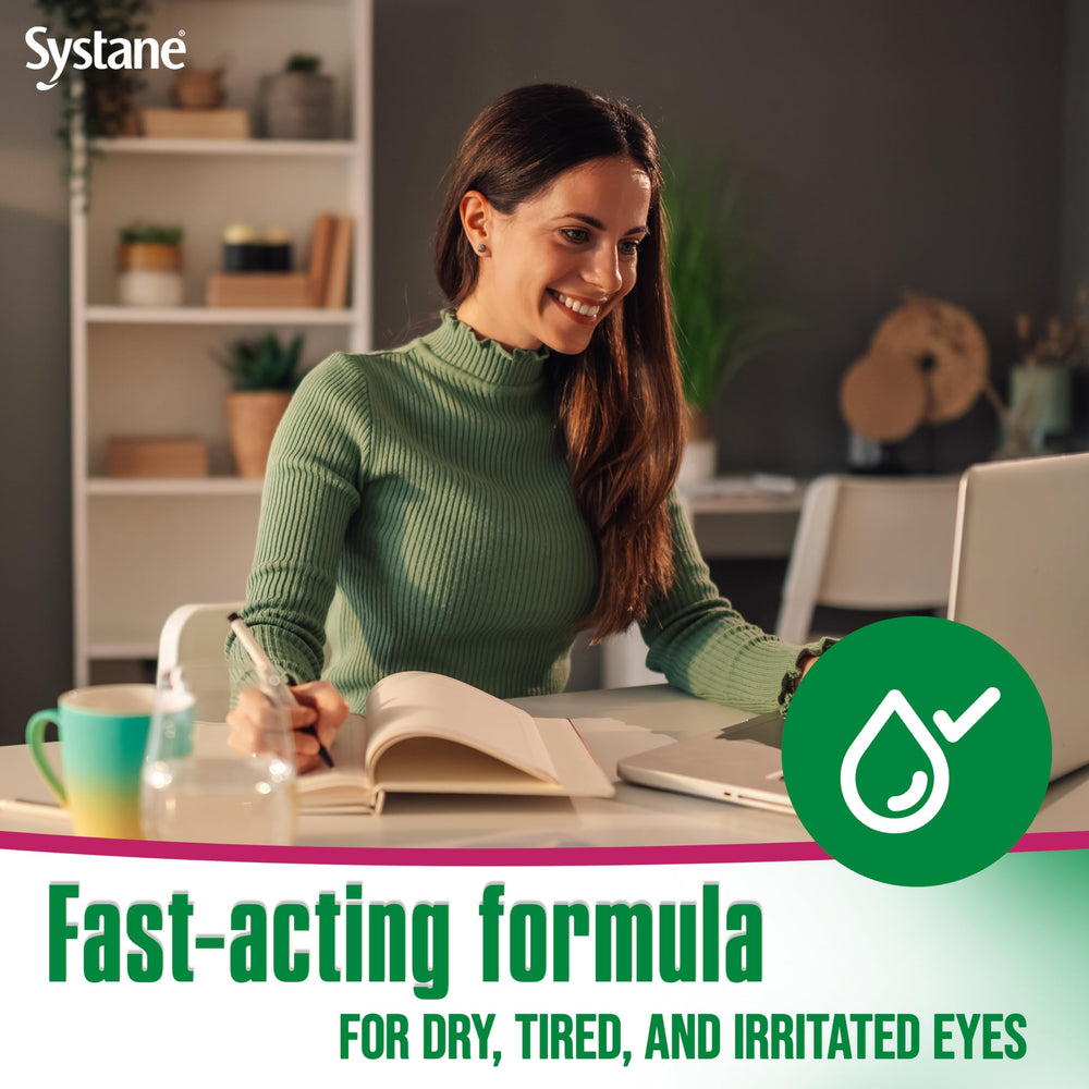Systane Ultra eye drops label close-up with usage guidance.