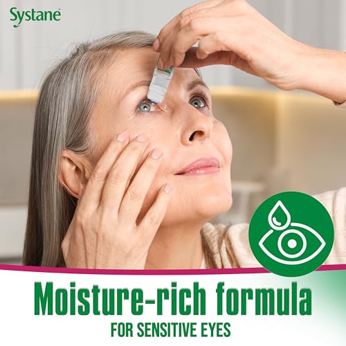 Systane Ultra bottle label close-up highlights sensitive-eye friendly formula.