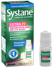 Systane Ultra PF eye drops bottle closeup showing preservative-free hydration.
