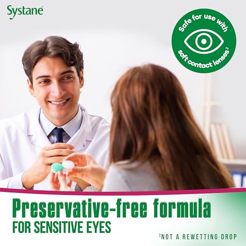 Systane Ultra PF label closeup shows preservative-free formula for sensitive eyes.