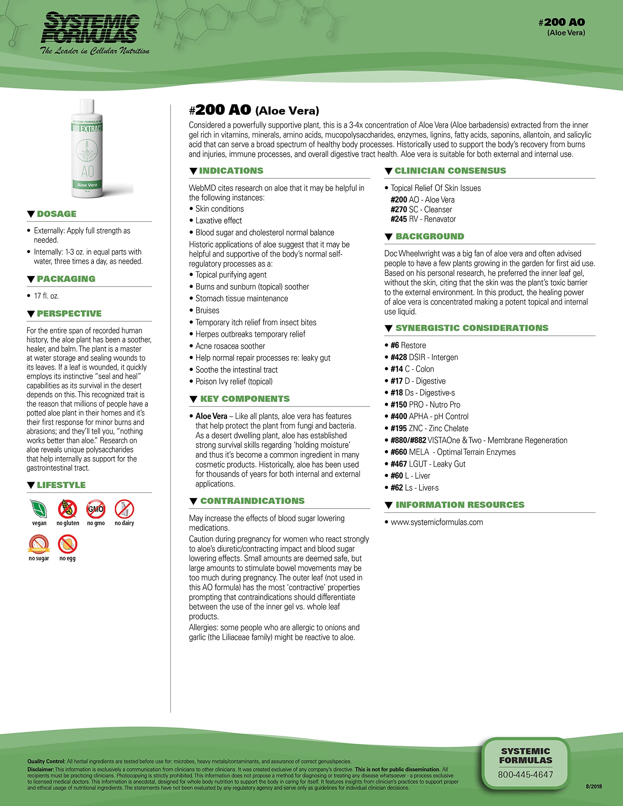 Side view of Systemic Formulas Aloe Vera #200-16 oz bottle