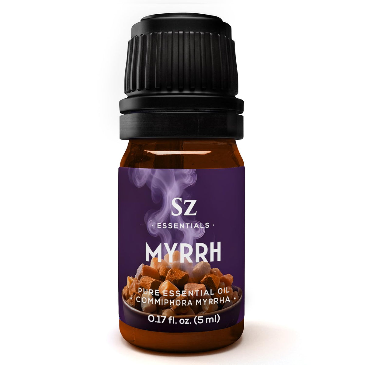Sz Essentials 5-year aged myrrh essential oil bottle label