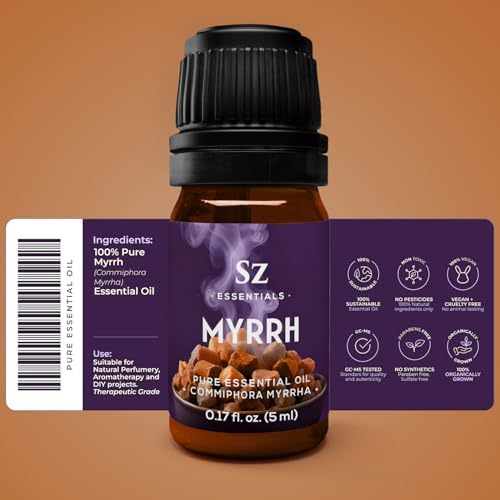 Close-up of Sz Essentials 5-year aged myrrh essential oil bottle