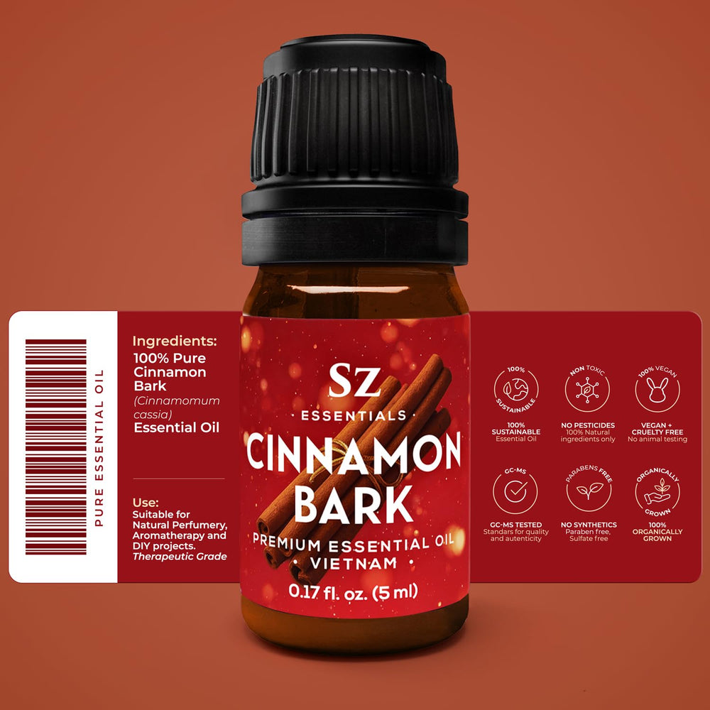 Close-up of Vietnamese cinnamon bark essential oil bottle