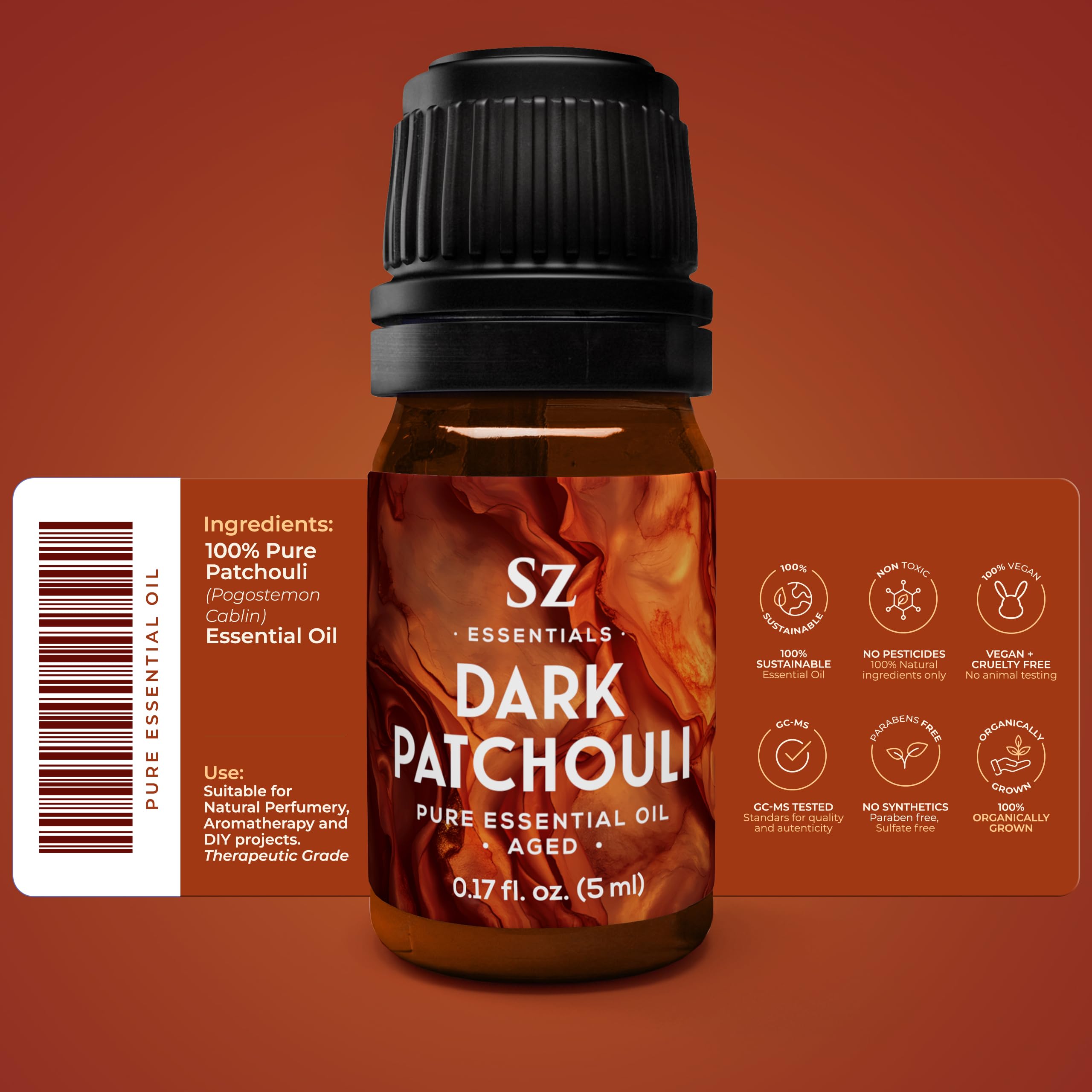 Close-up of dark amber Patchouli oil in Sz Essentials bottle