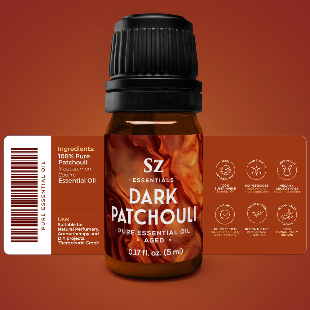 Close-up of dark amber Patchouli oil in Sz Essentials bottle