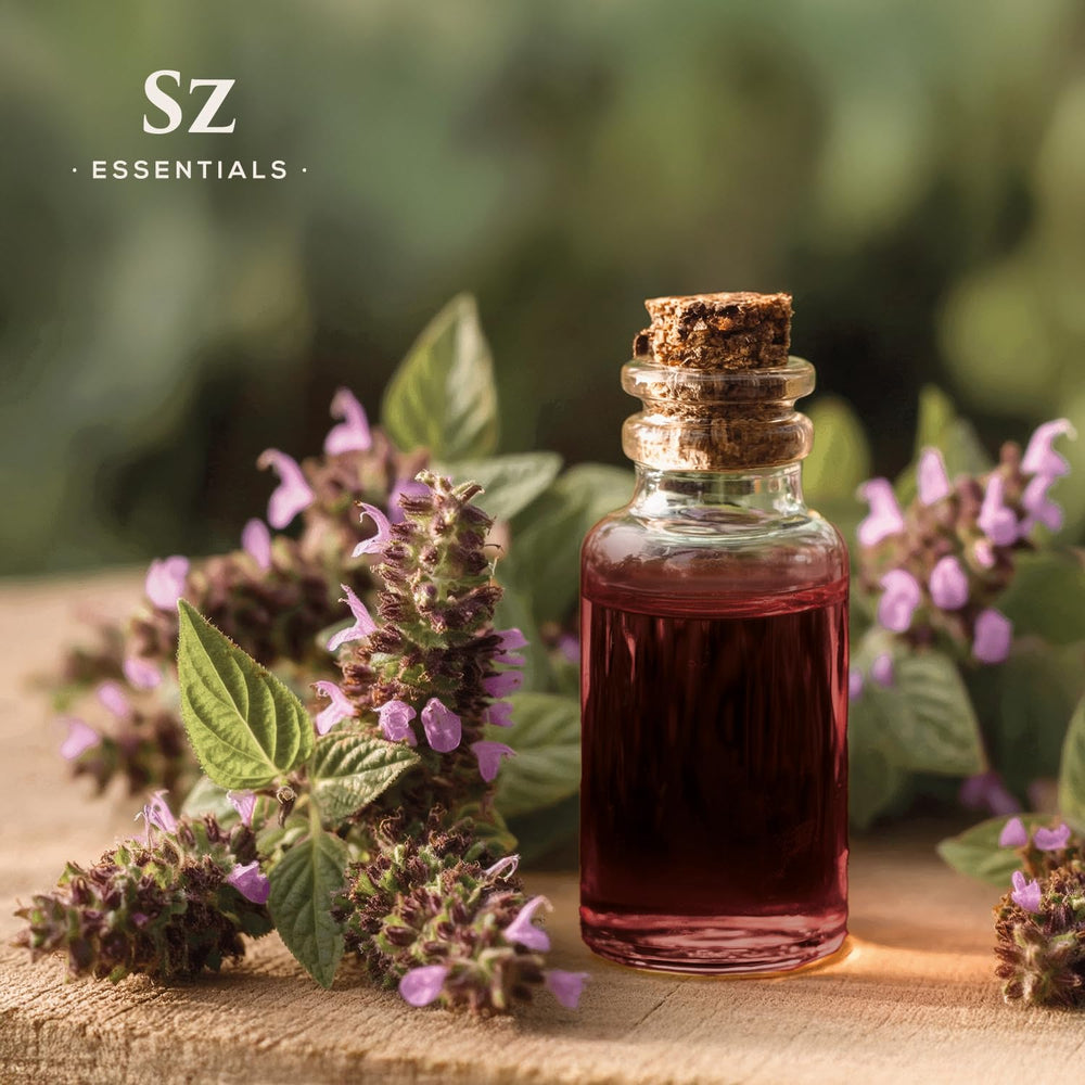 Patchouli leaves and amber bottle emphasizing aged formulation