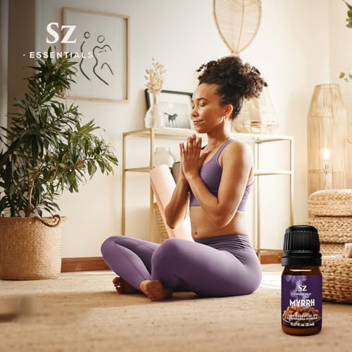 Diffuser-ready Sz Essentials myrrh essential oil filling a room