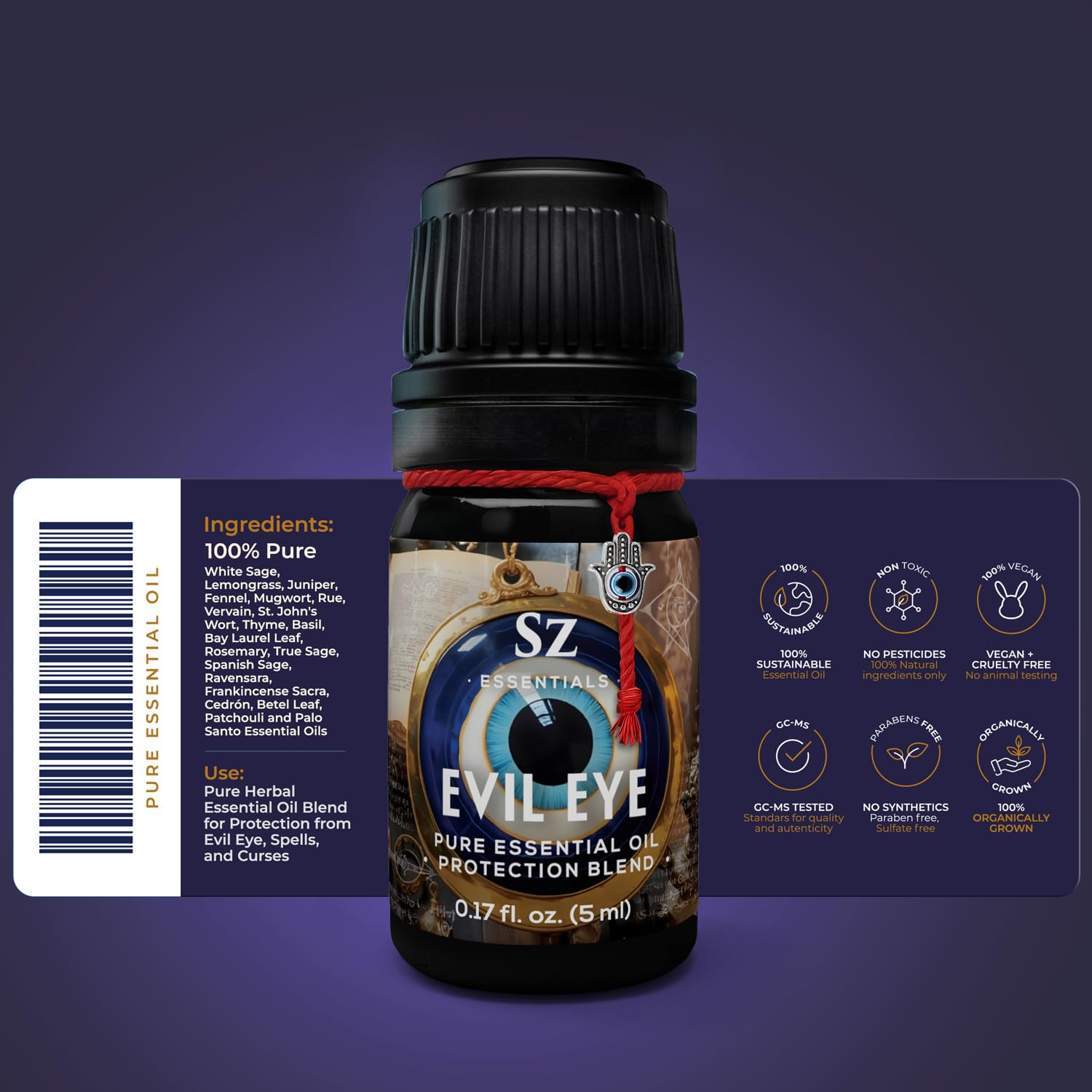 Front packaging and bottle display of Evil Eye oil