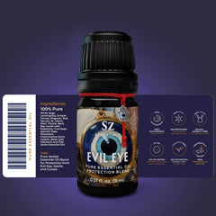 Front packaging and bottle display of Evil Eye oil