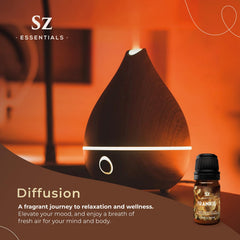 Meditation setup with Frankincense oil in a diffuser