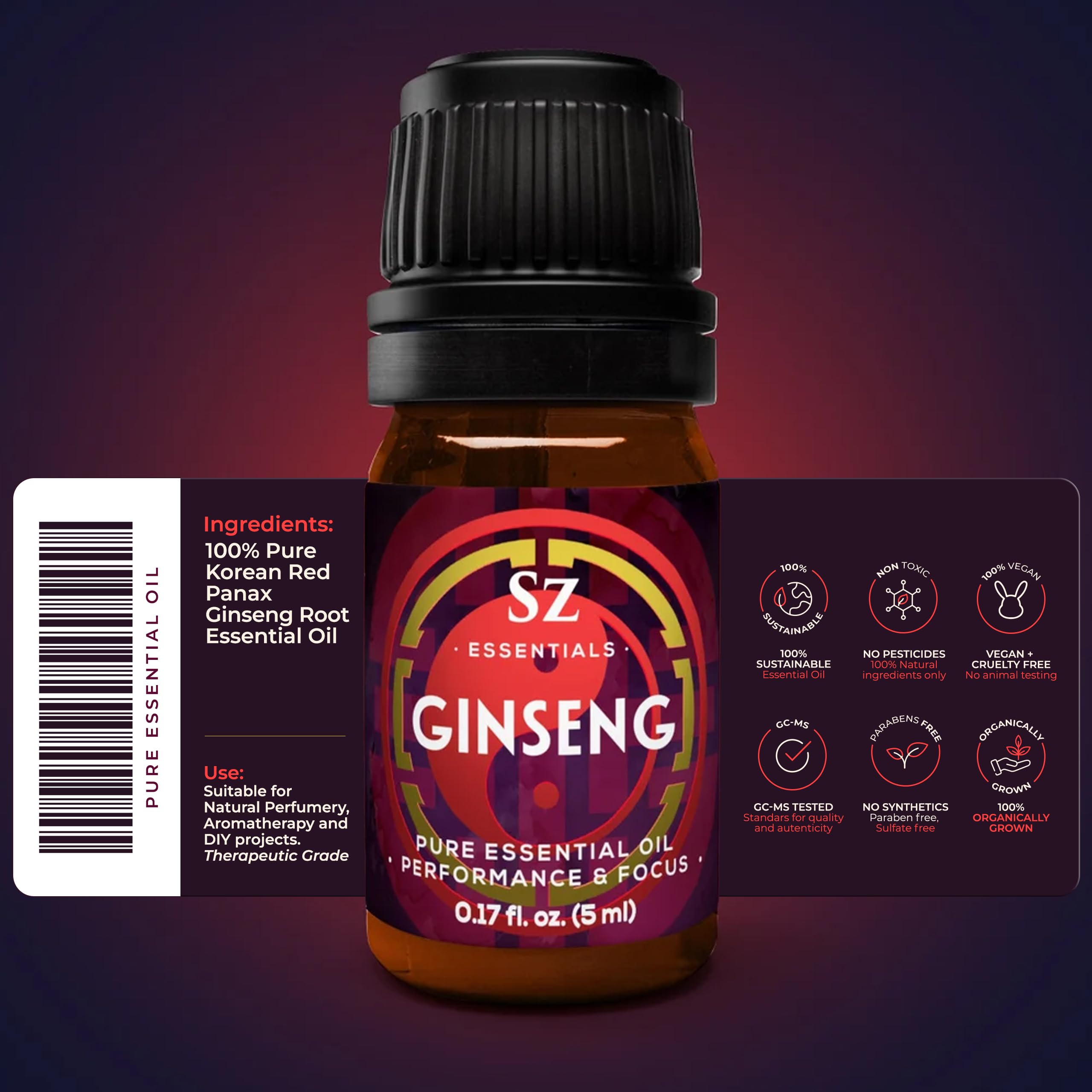 Label on Sz Essentials Ginseng Oil bottle showing 100% Pure Korean Red Panax Ginseng