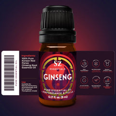 Label on Sz Essentials Ginseng Oil bottle showing 100% Pure Korean Red Panax Ginseng