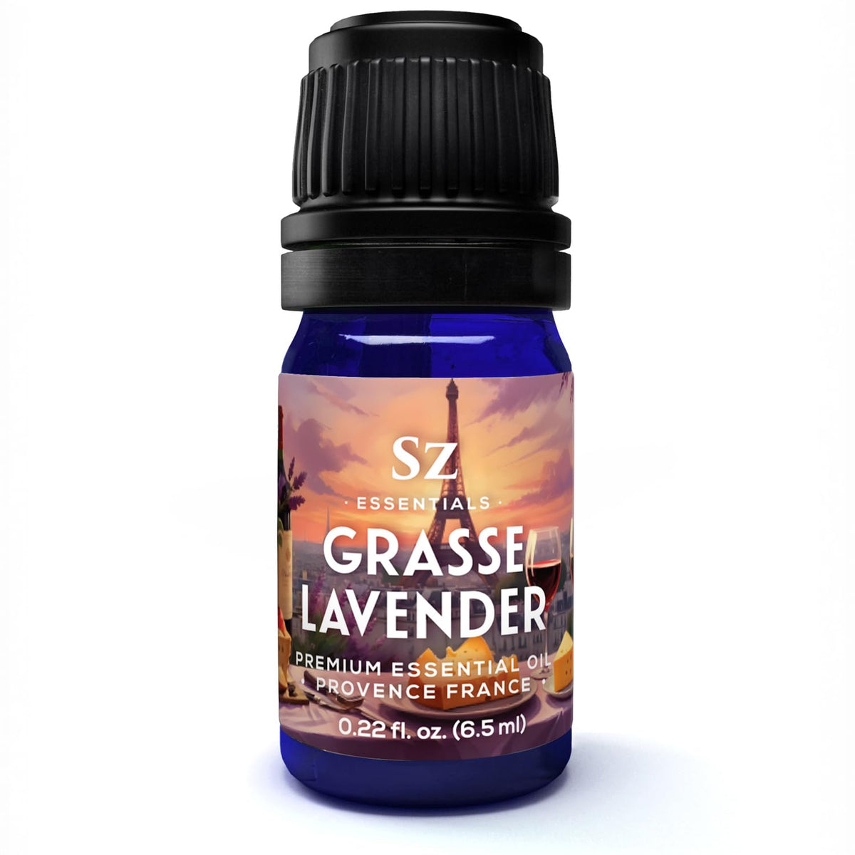 Sz Essentials Grasse Lavender Essential Oil bottle with lavender sprigs