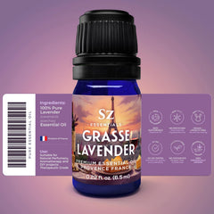 Close-up of Grasse Lavender Essential Oil bottle and label