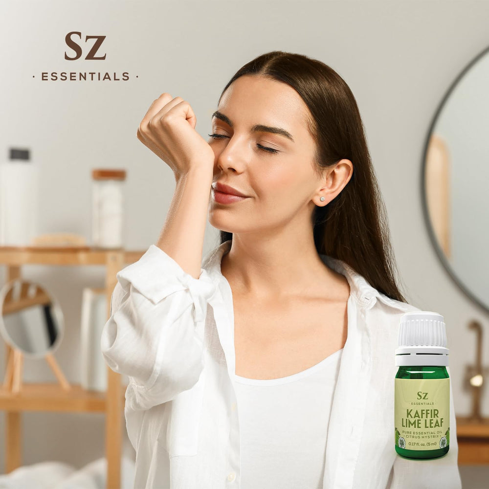 Natural background showing 5ml Kaffir Lime Leaf Essential Oil