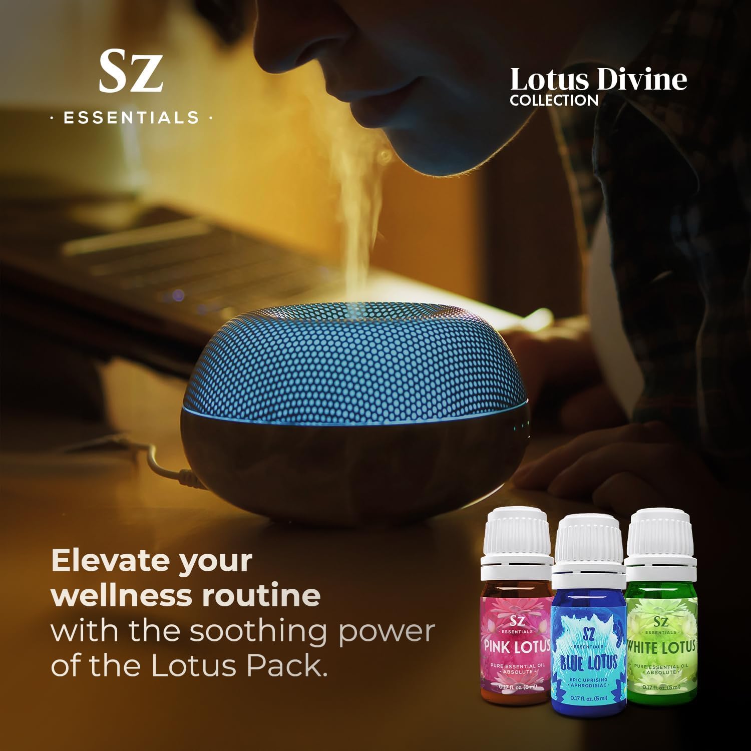 Aromatherapy scene featuring Sz Essentials Lotus Oils
