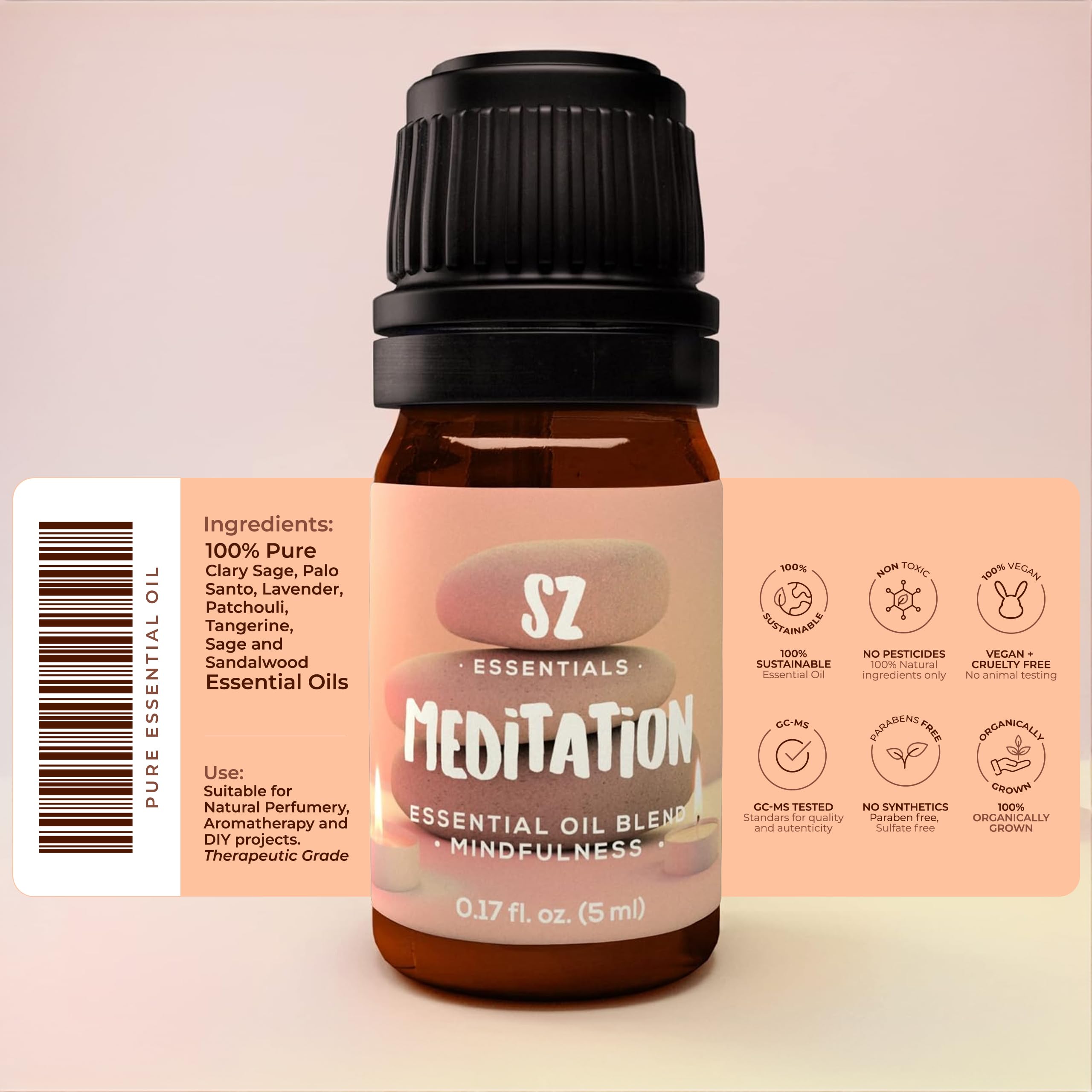 Label of SZ Essentials Meditation essential oil blend