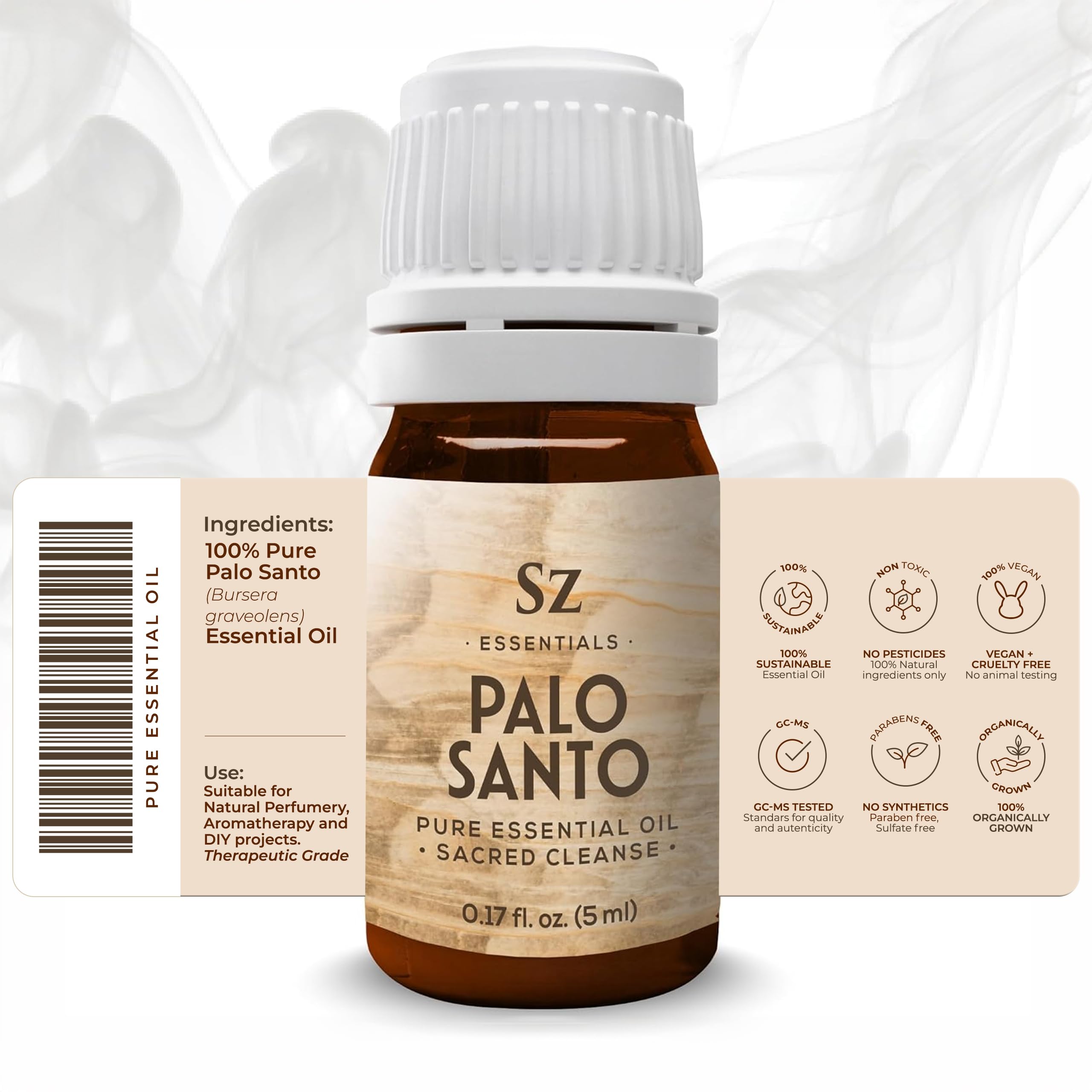 Close-up of Sz Essentials Palo Santo oil bottle