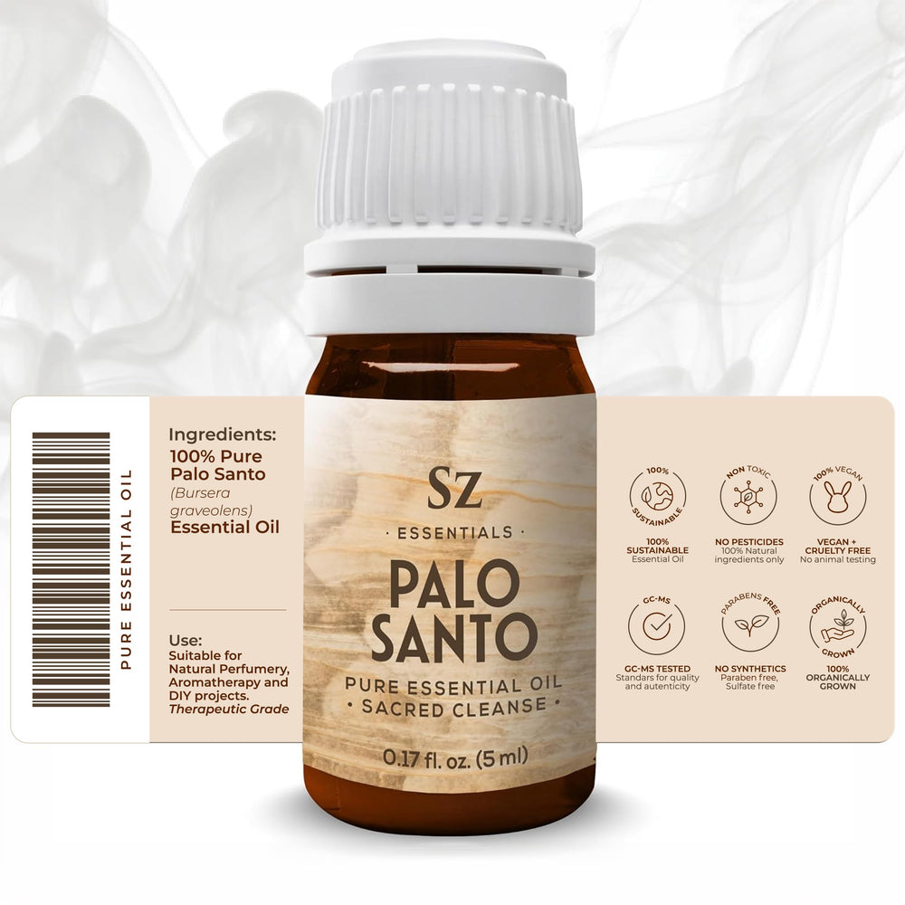 Close-up of Sz Essentials Palo Santo oil bottle