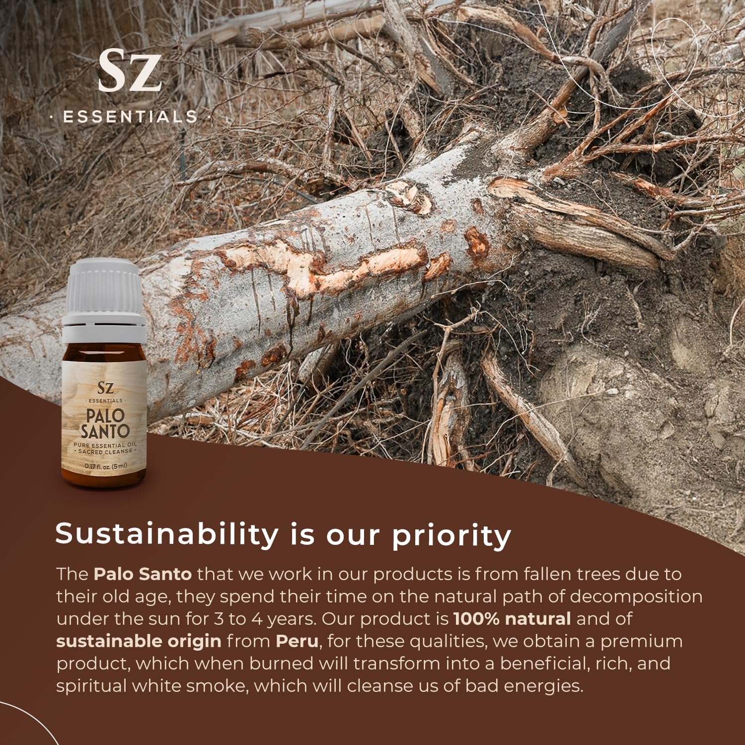 Bottled Palo Santo essential oil label showing 100% Pure