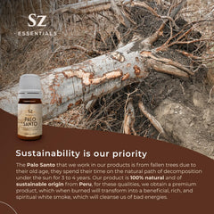 Bottled Palo Santo essential oil label showing 100% Pure