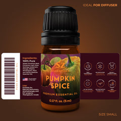 Close-up of Sz Essentials pumpkin spice oil bottle label