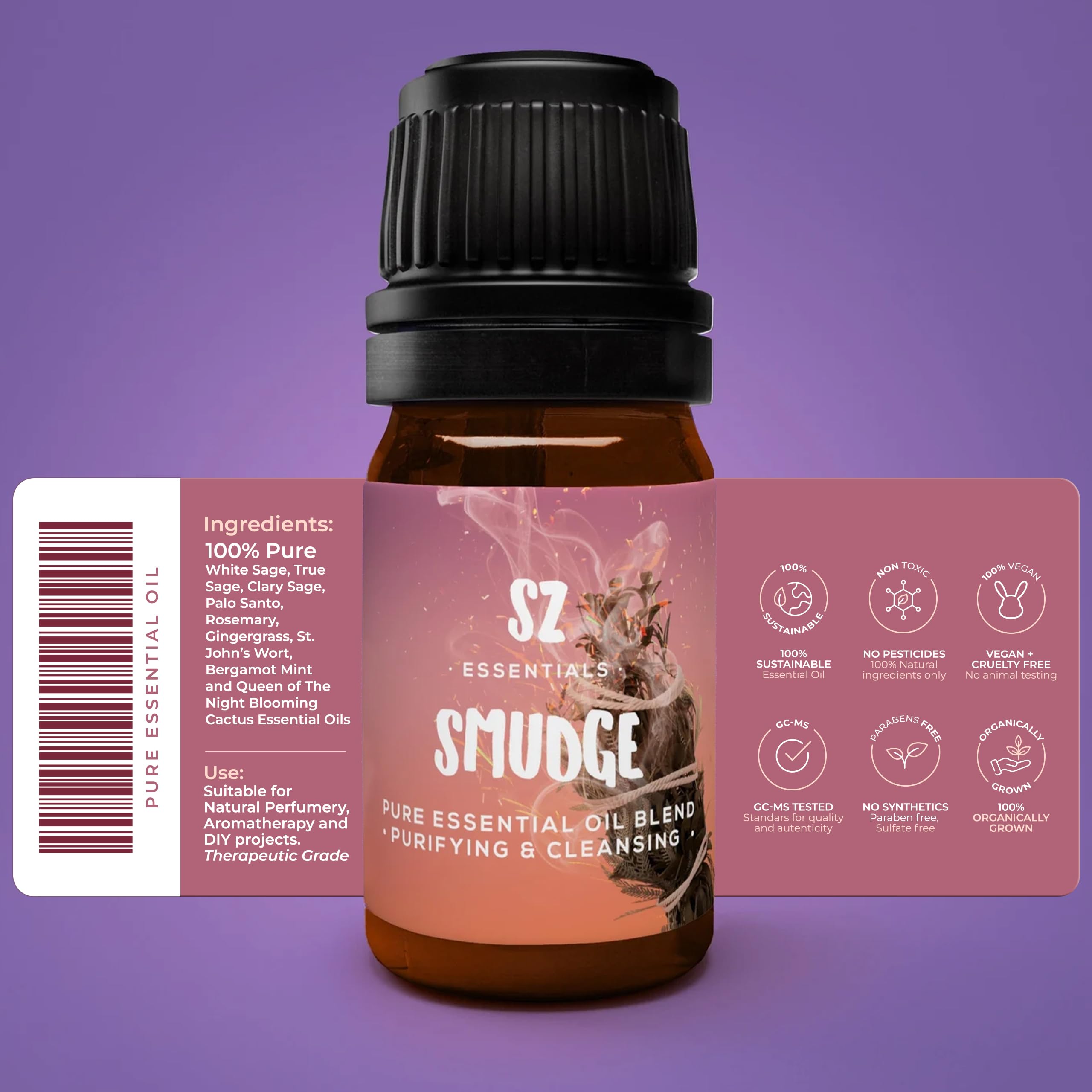 Close-up of Shamanic Smudge essential oil blend bottle