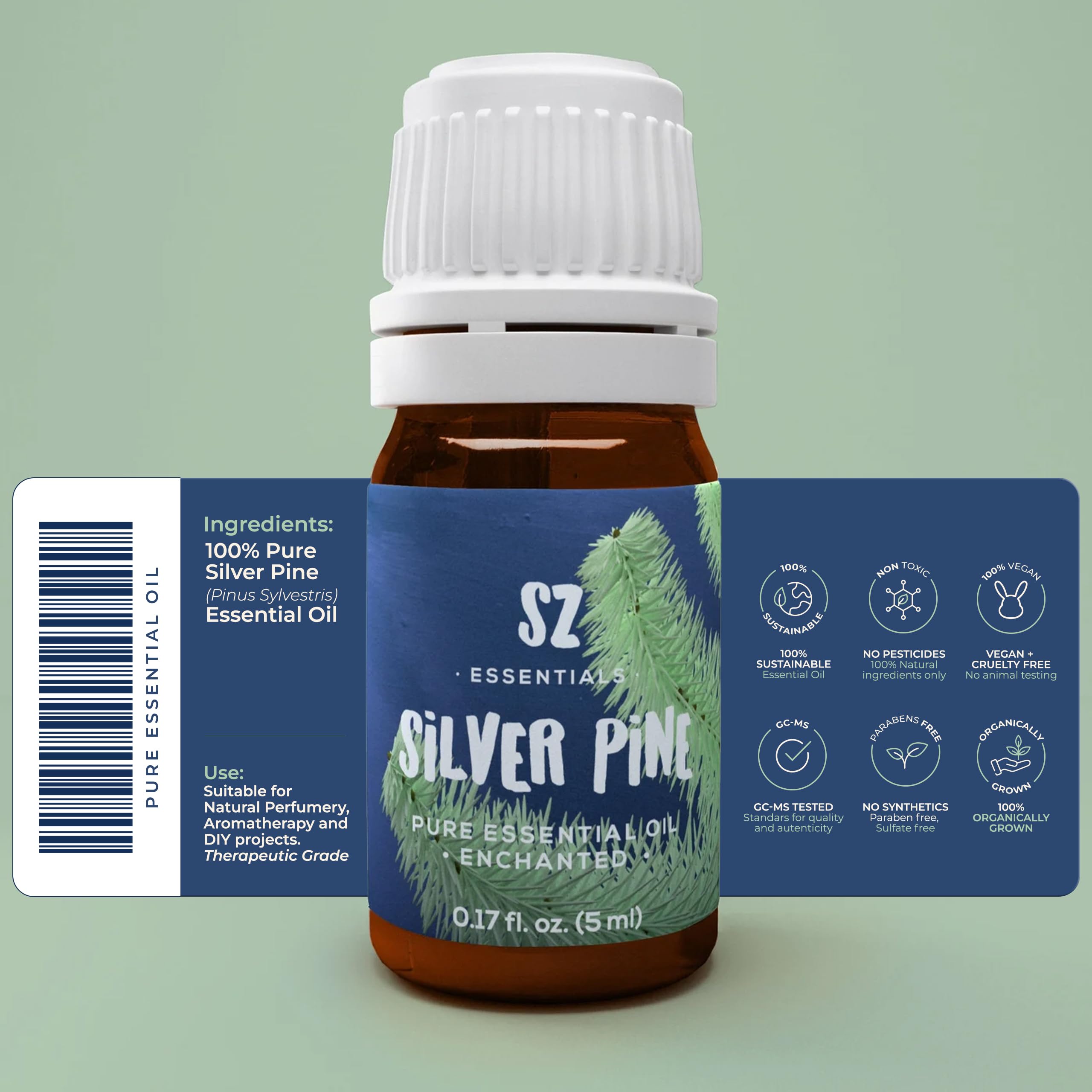 Amber glass bottle of Silver Pine essential oil with dropper cap