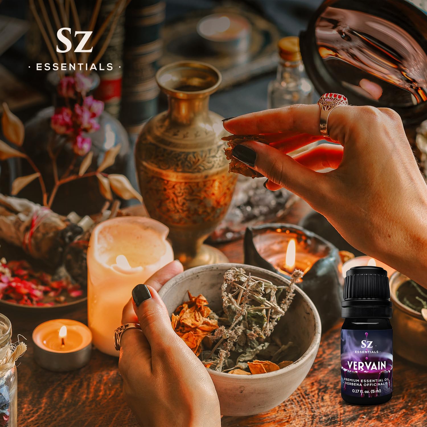 Mojo bag and spell jars with vervain oil