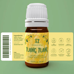 Close-up of SZ Essentials Ylang Ylang oil bottle label