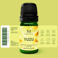 Label of Yuzu essential oil showing 100% Pure and Natural