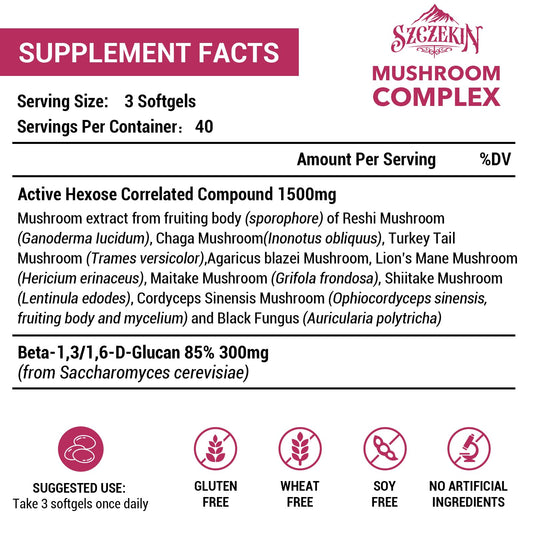 Close-up of 1500 mg per serving label on SZCZEKIN AHCC