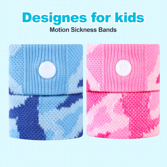 SZSTYYP motion sickness band on child’s blue camo wrist for travel comfort
