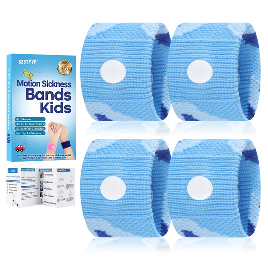 SZSTYYP motion sickness bands for kids in blue camo pack, comfortable on trips.