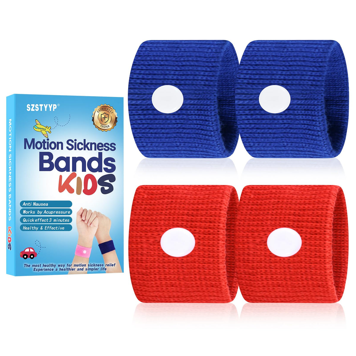 SZSTYYP motion sickness bands kids blue wristband on a child's wrist during car travel for comfort.