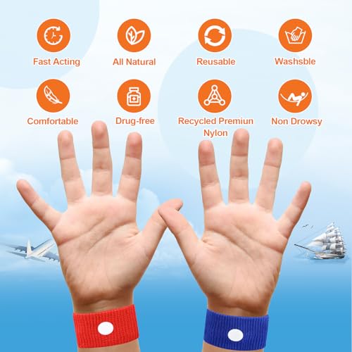 SZSTYYP motion sickness bands on a kid during car ride for subtle support.