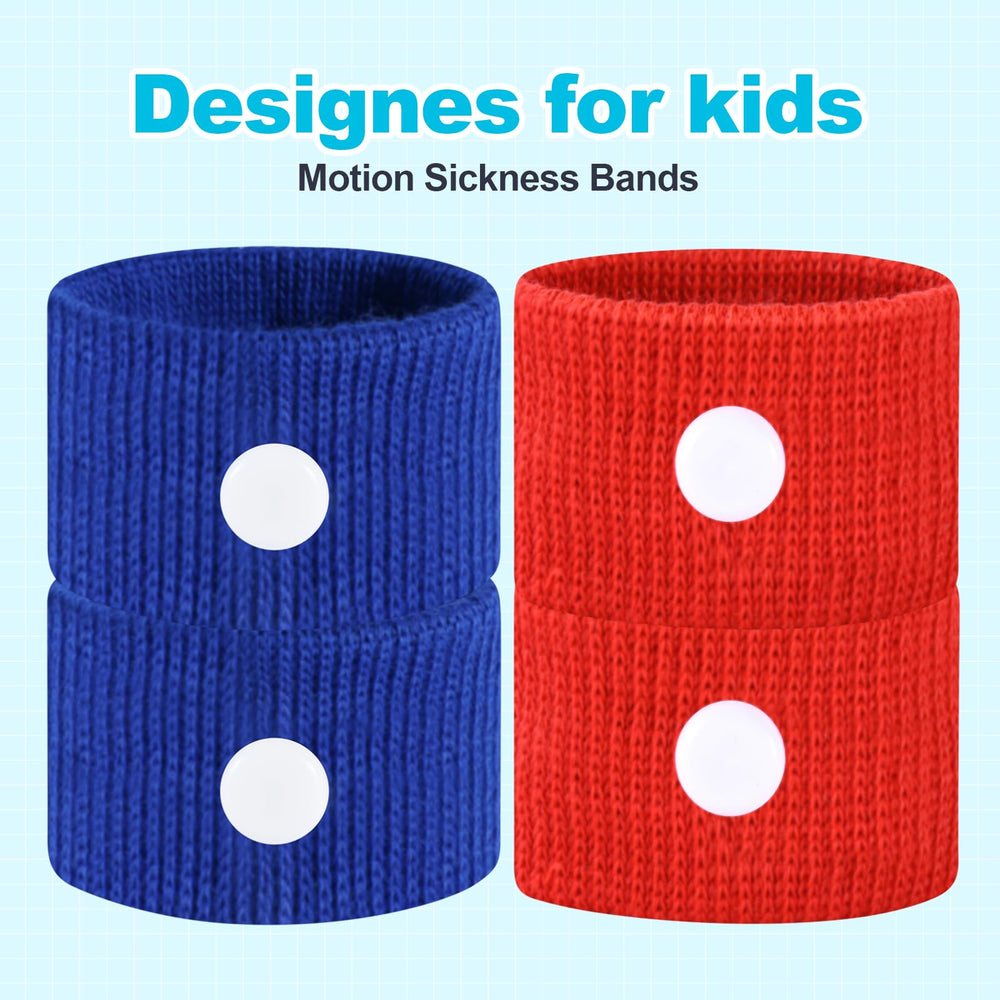 SZSTYYP motion sickness bands kids red wristband on a child before a family trip.