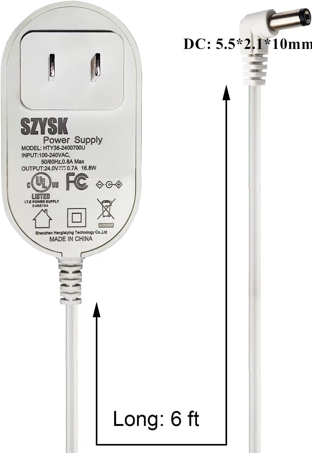 6 ft cord and 24V output power adapter for humidifiers