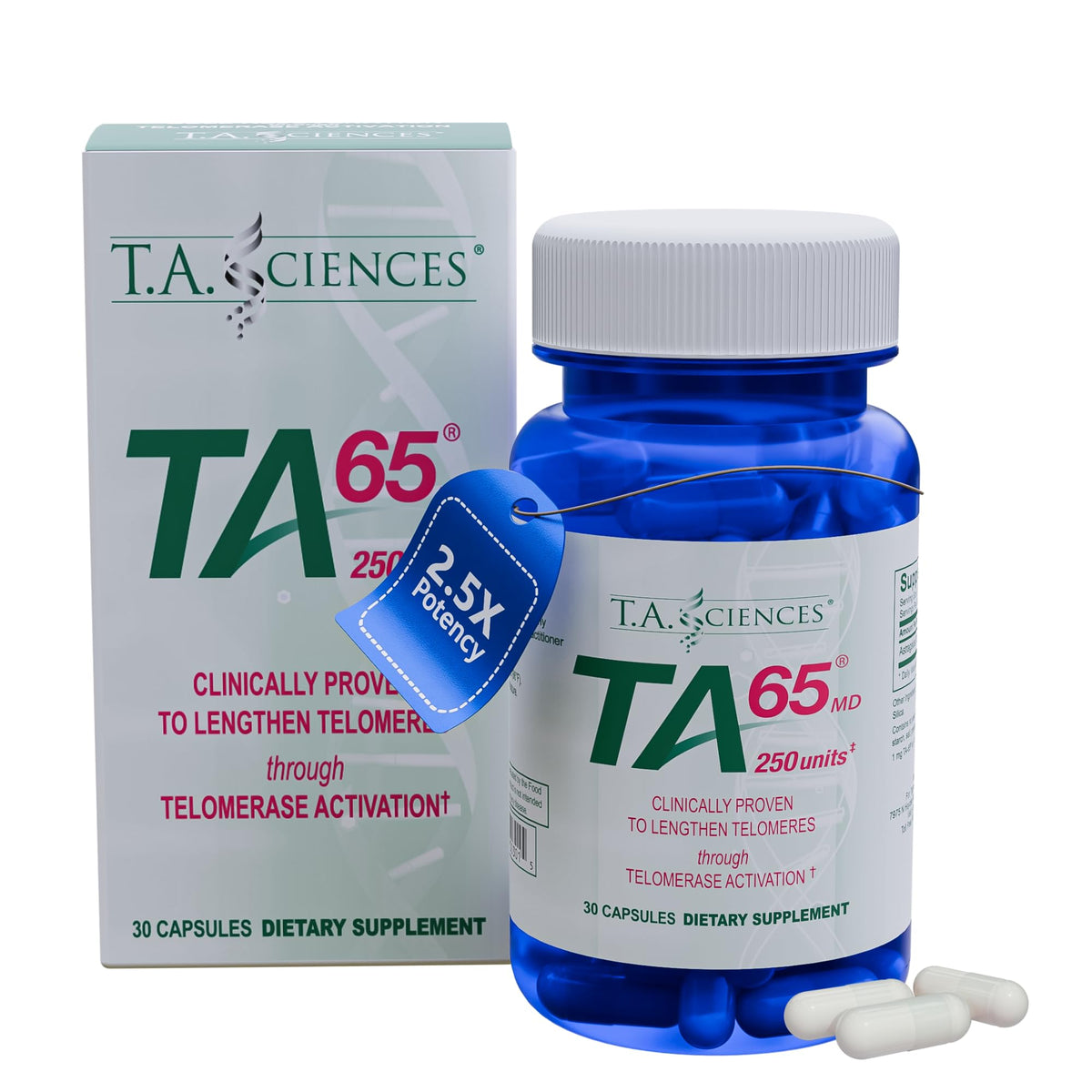 TA-65 telomere activation supplement bottle with 30 capsules