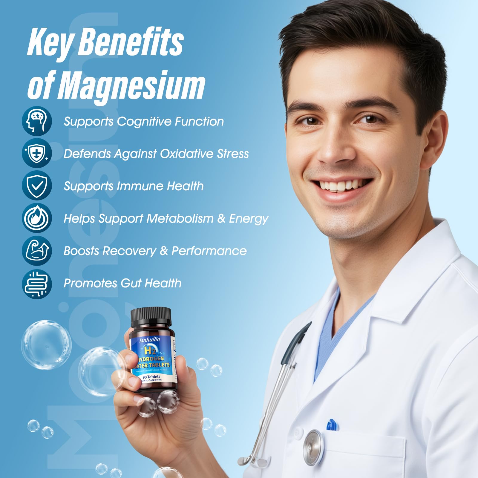Close-up of a single hydrogen water tablet