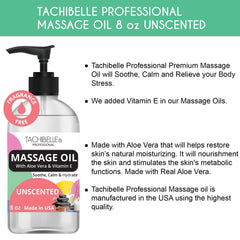 Close-up of Tachibelle 8 oz unscented massage oil bottle