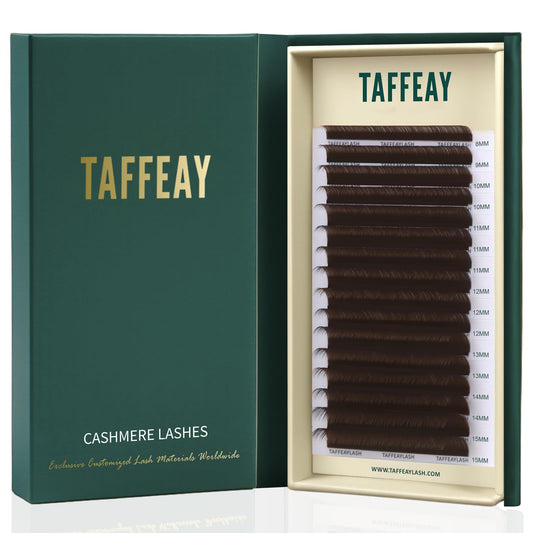 TAFFEAY dark brown lash extensions 0.05 in D curl, 8-15mm, organized in a tray.
