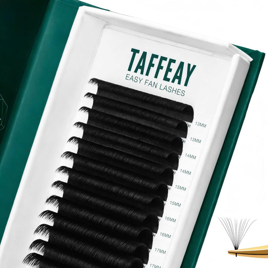 TAFFEAY cashmere smart fan lashes in tray for easy professional application.