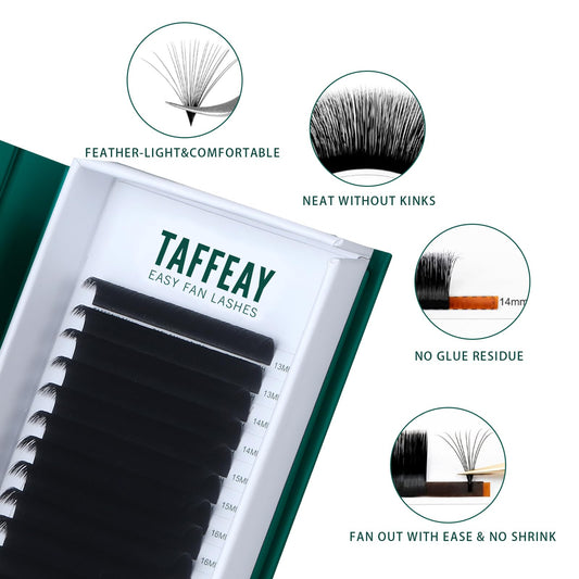 TAFFEAY self-fanning lashes illustrating quick volume 2D–10D sets.